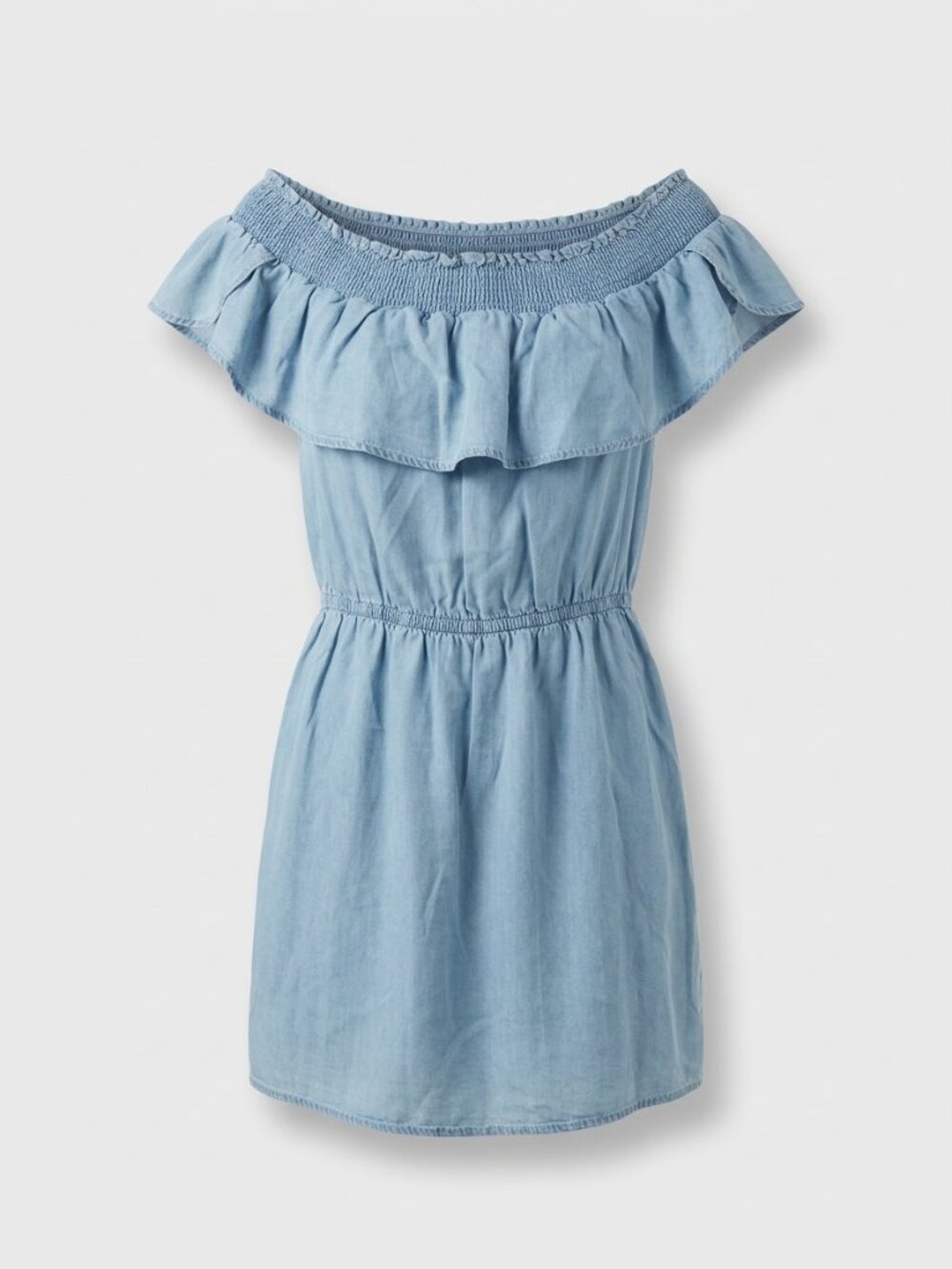Blue Denim Off-Shoulder Ruffle Trim Dress, Express Size S